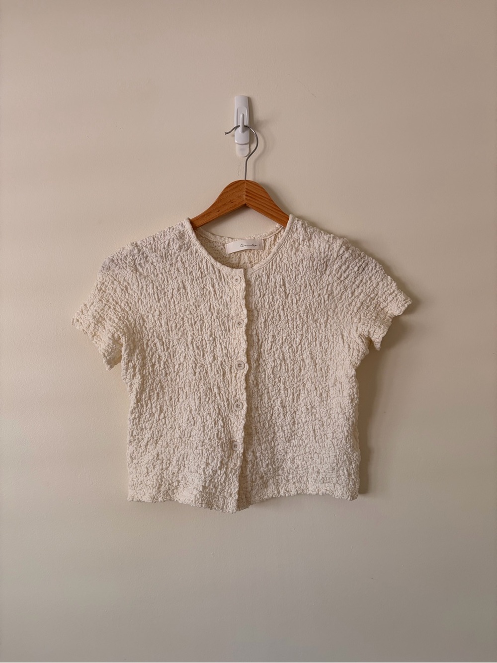 Cream Textured Short-Sleeve Button Crop Top
